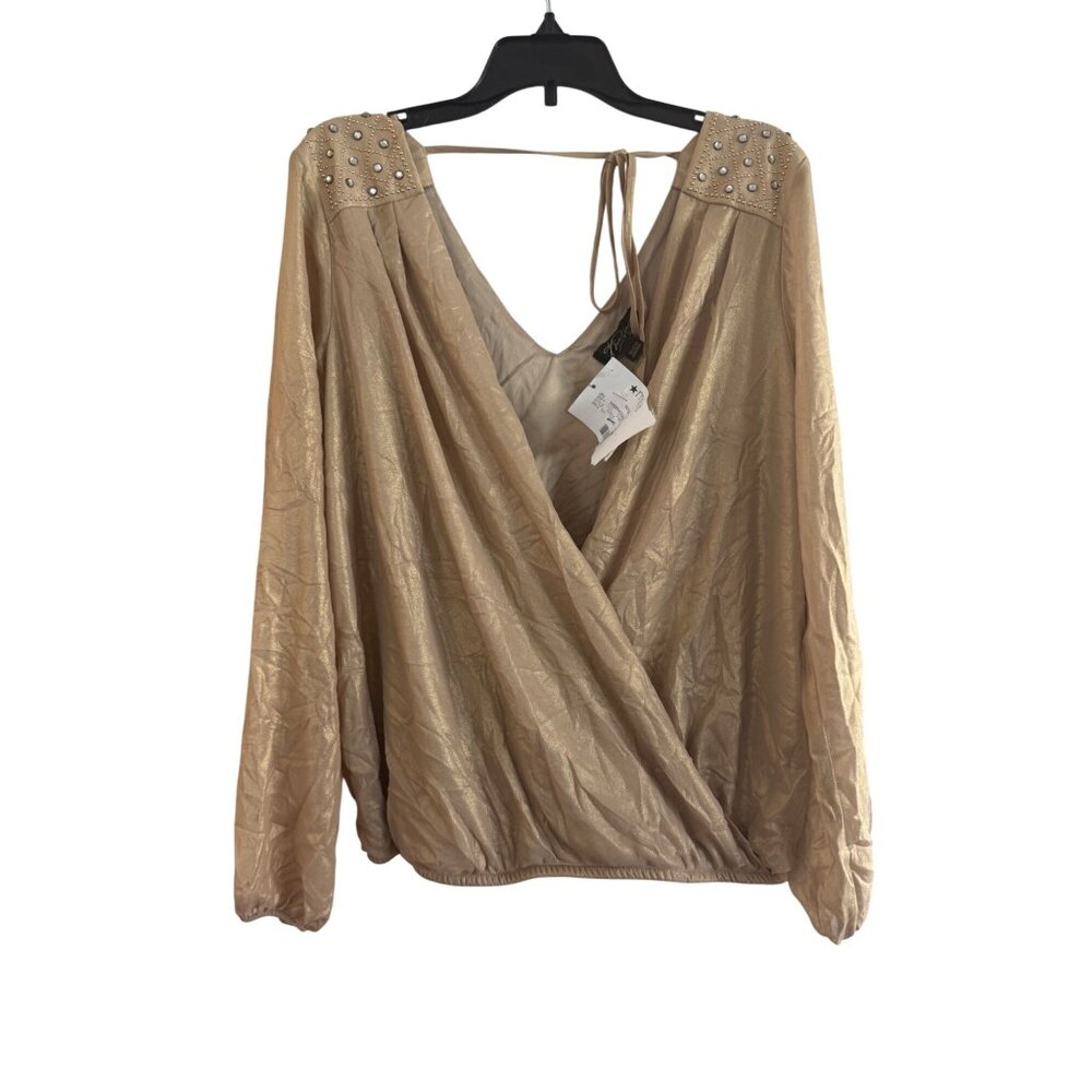 Thalia Sodi Women’s Small Gold Metallic Wrap Long Sleeve Embellished Blouse